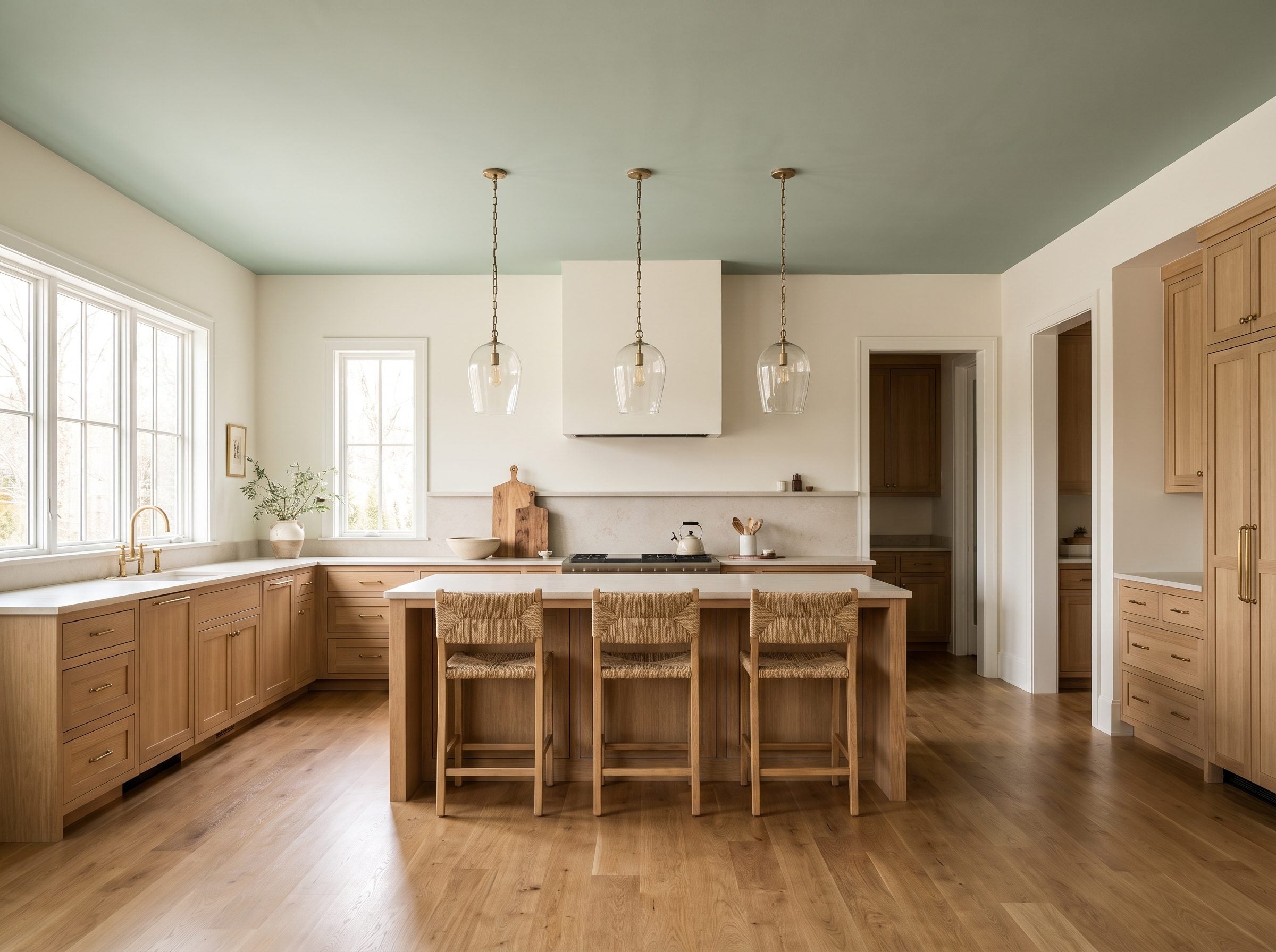 White-oak kitchen with a soft sage-green painted ceiling shown edge to edge above the island and off-white walls.