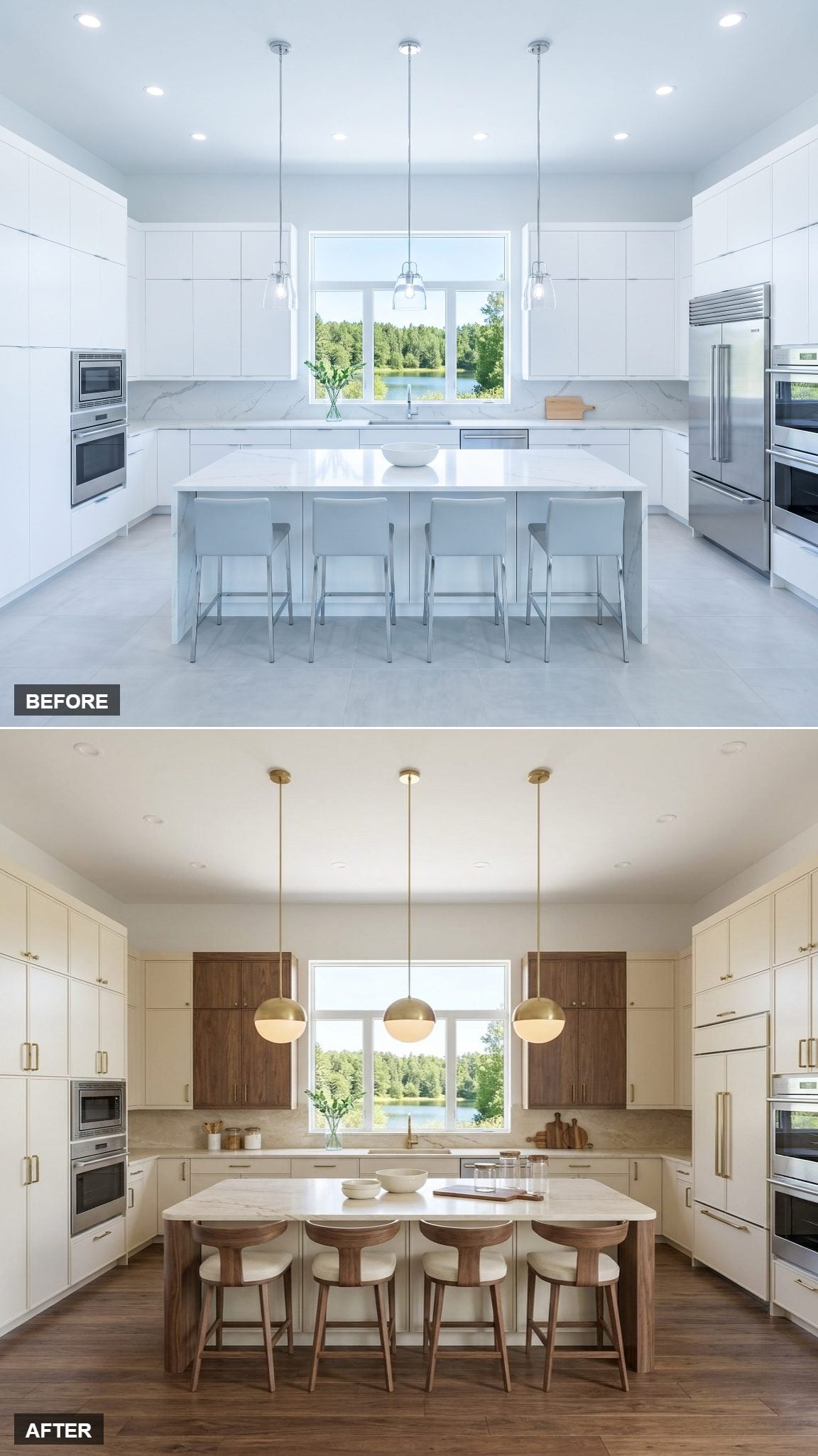 Softly Curved Walnut Island With Warm-Cream Stone Countertop and Rounded Brass Pendants