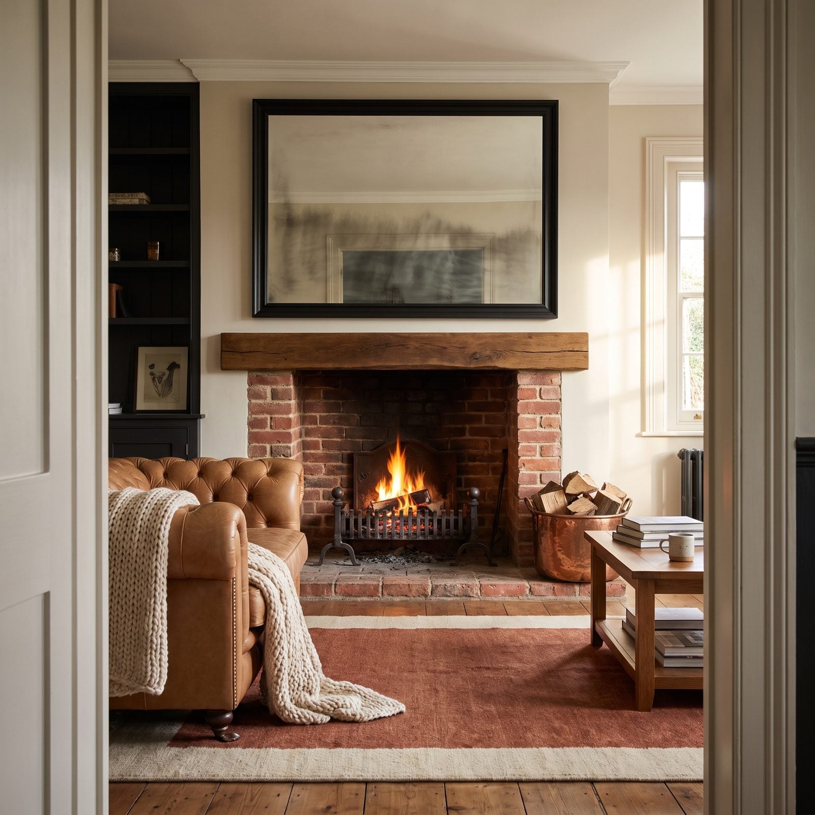 The Soot-Streaked Mirror Above a Working Wood Fire