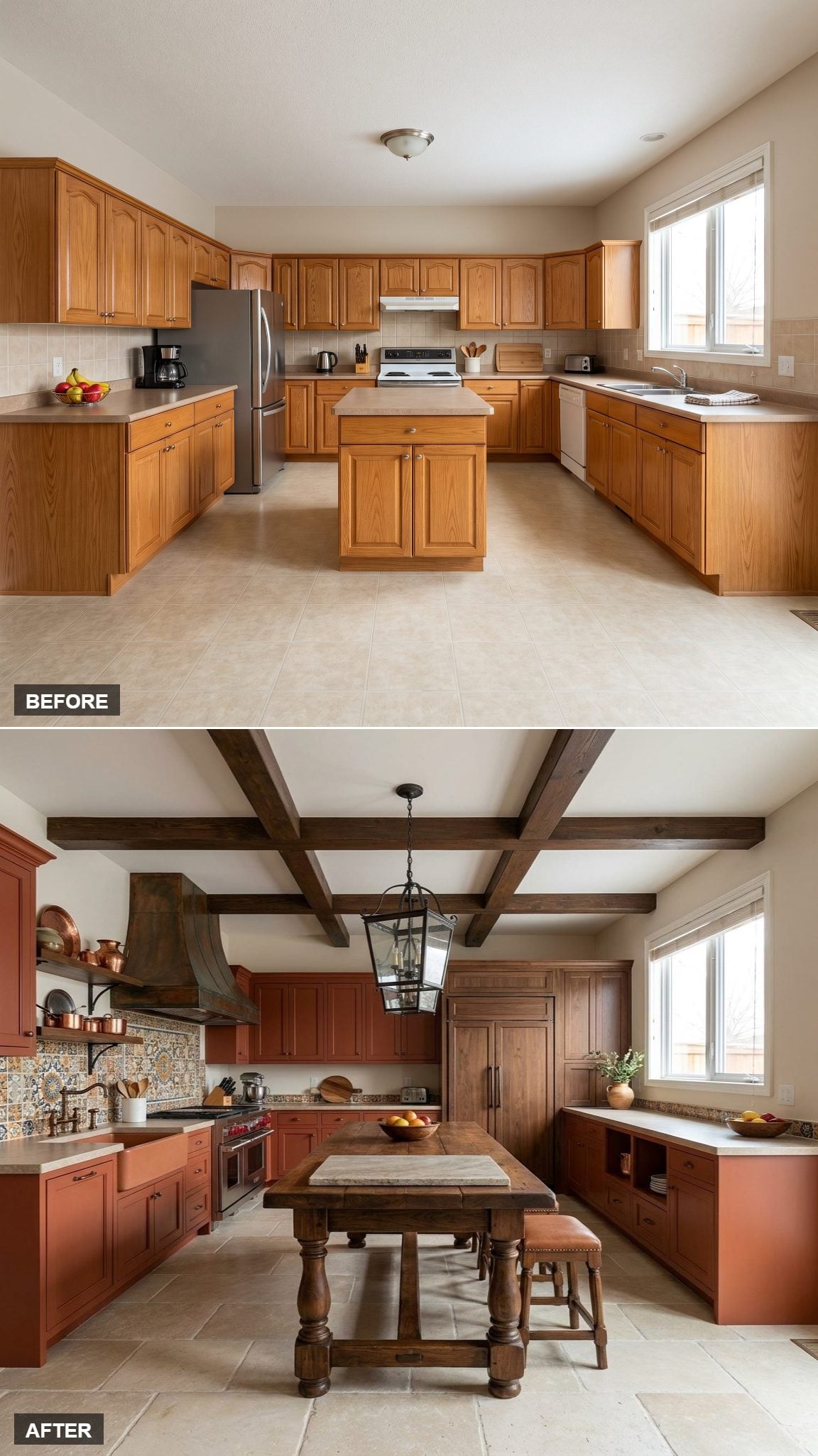 Spanish Revival Kitchen with Copper Hood, Refectory Table and Artisan Tile