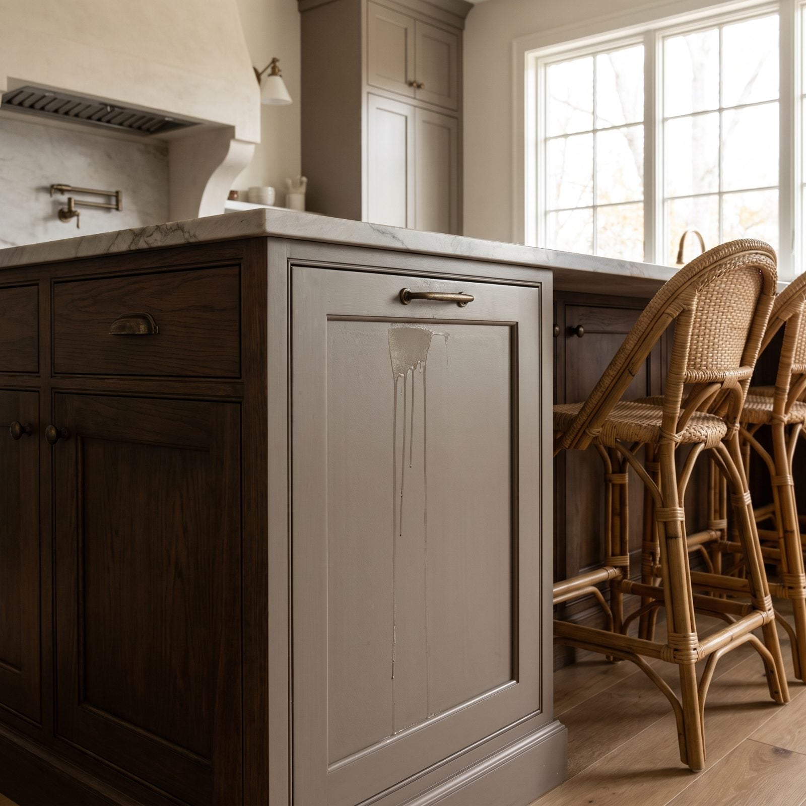 White cabinet door sprayed upright with two vertical drips beside a flat door on a drying rack.