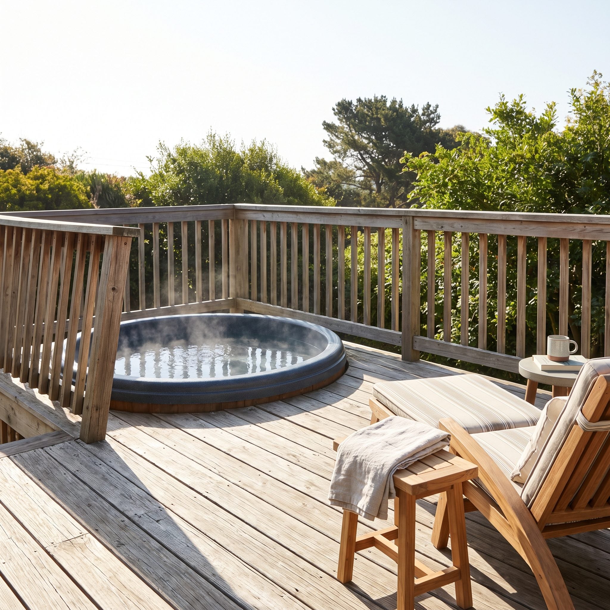 Raised wood deck with a filled hot tub in one corner where the deck surface dips slightly and a railing post leans off plumb.