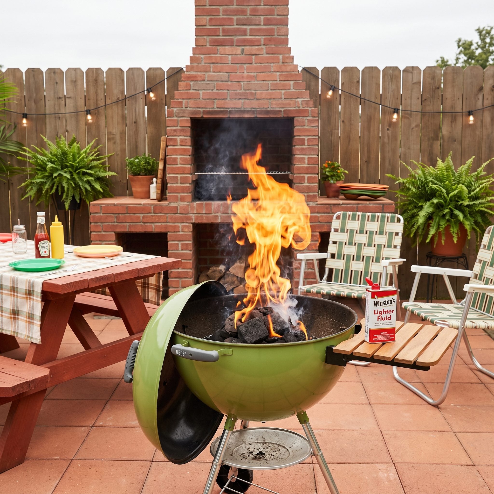 Lighter fluid being used to ignite charcoal briquettes on a backyard grill