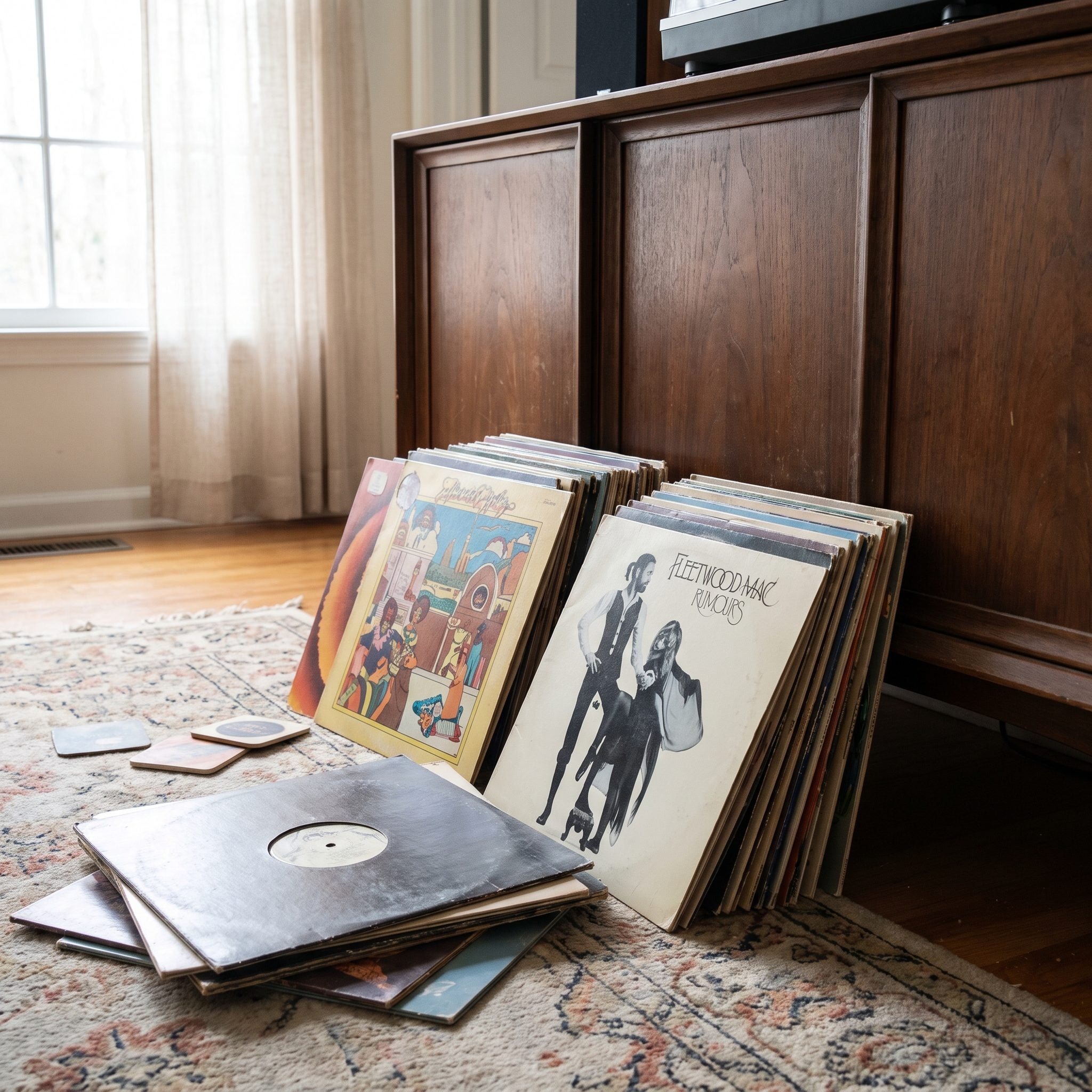 The Stack of LPs Leaning Against the Cabinet