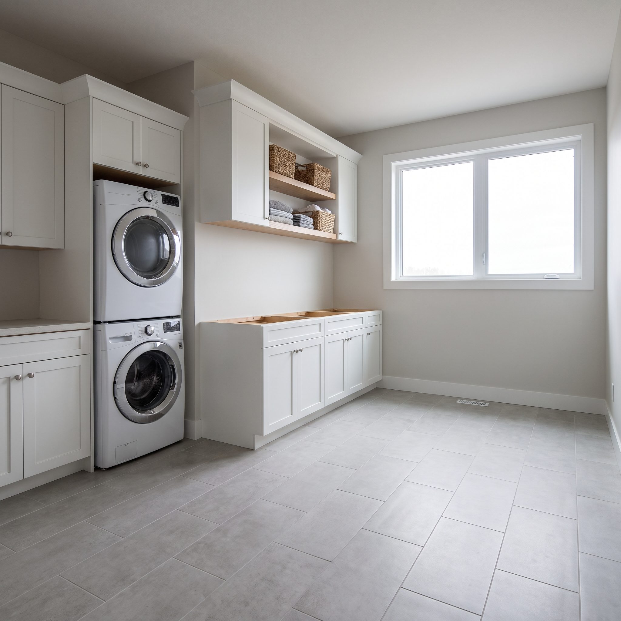Wide cream laundry room with stacked machines in one corner and a long bare wall that has no counter.