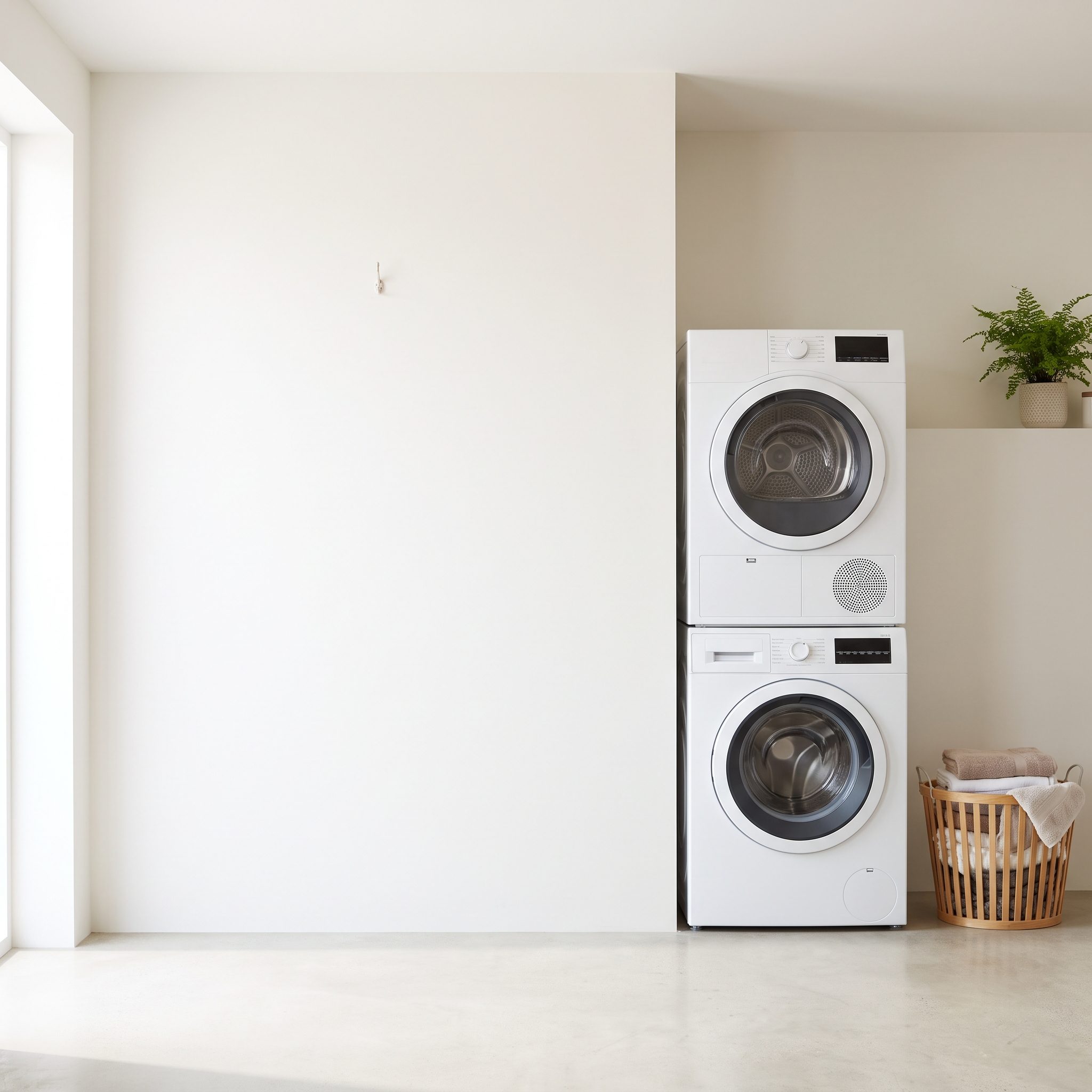 White oak laundry room with stacked machines in the corner and a wide run of empty unused wall beside them.