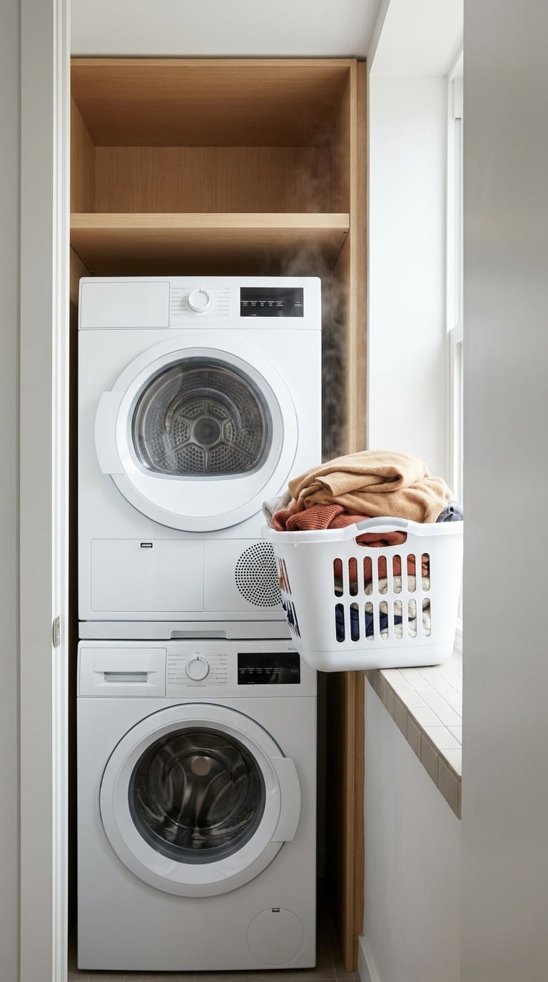 White laundry room with a stacked washer and dryer and no counter or landing surface beside the machines.