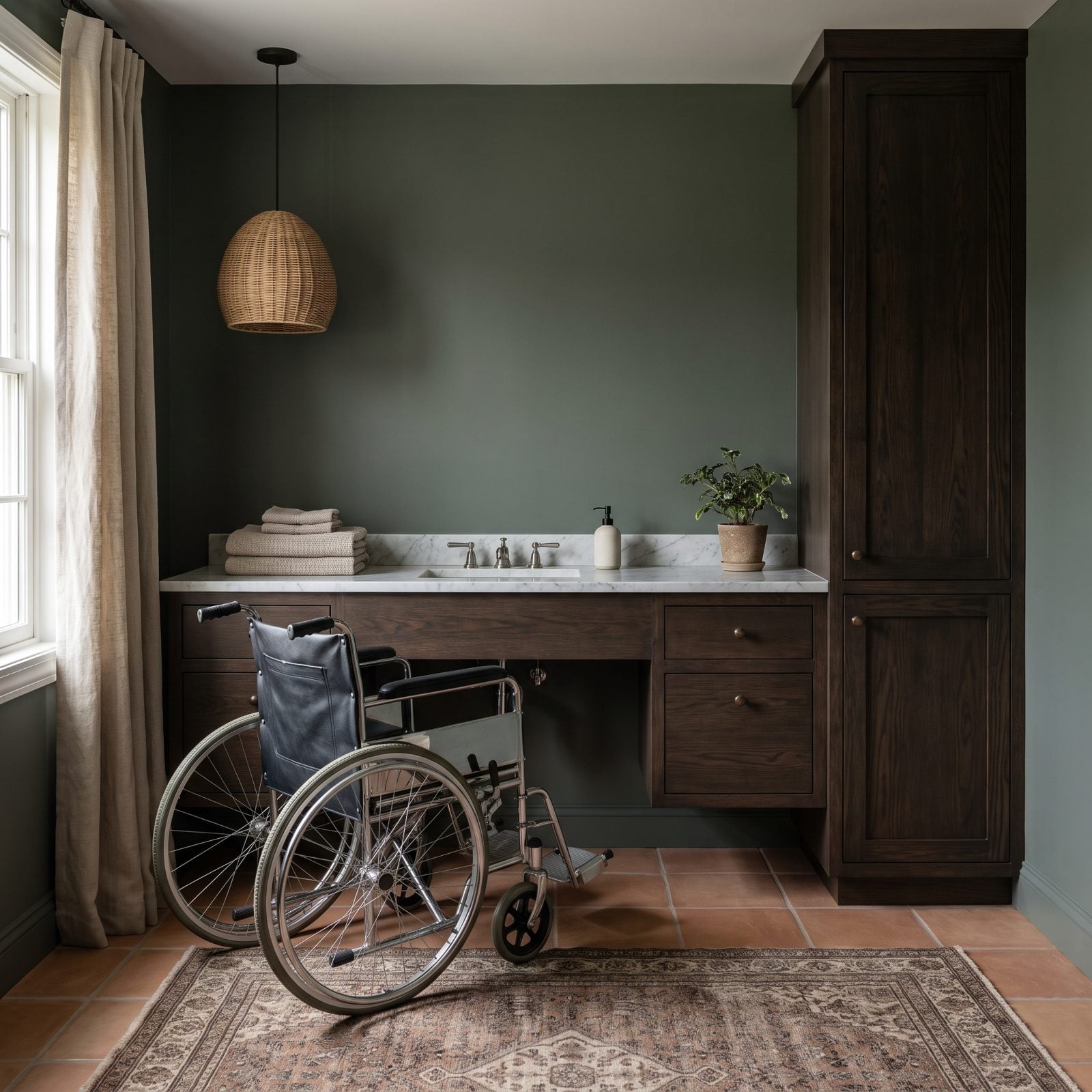White oak double vanity built fully enclosed to the floor at 36 inches with no roll-under knee clearance.