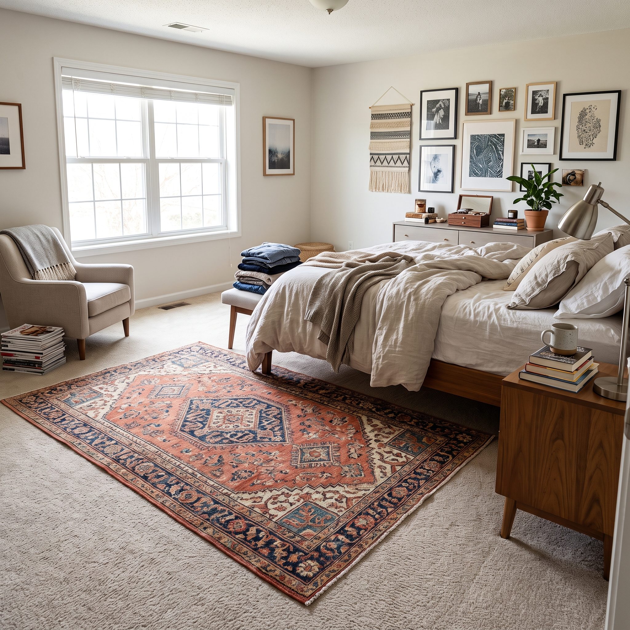 Primary bedroom with a nine-by-twelve patterned Persian rug beneath the bed over beige wall-to-wall carpet