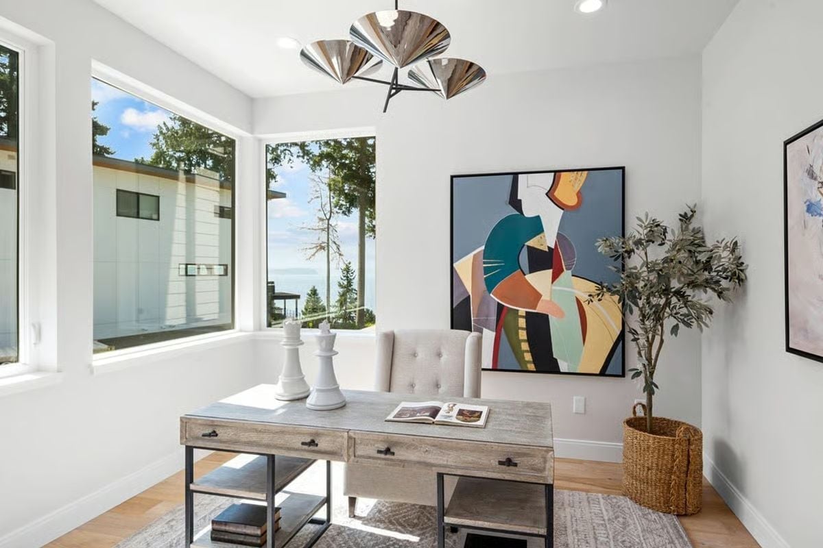 Oversized Chess Pieces and Cubist Art Make This Home Office Unapologetically Confident