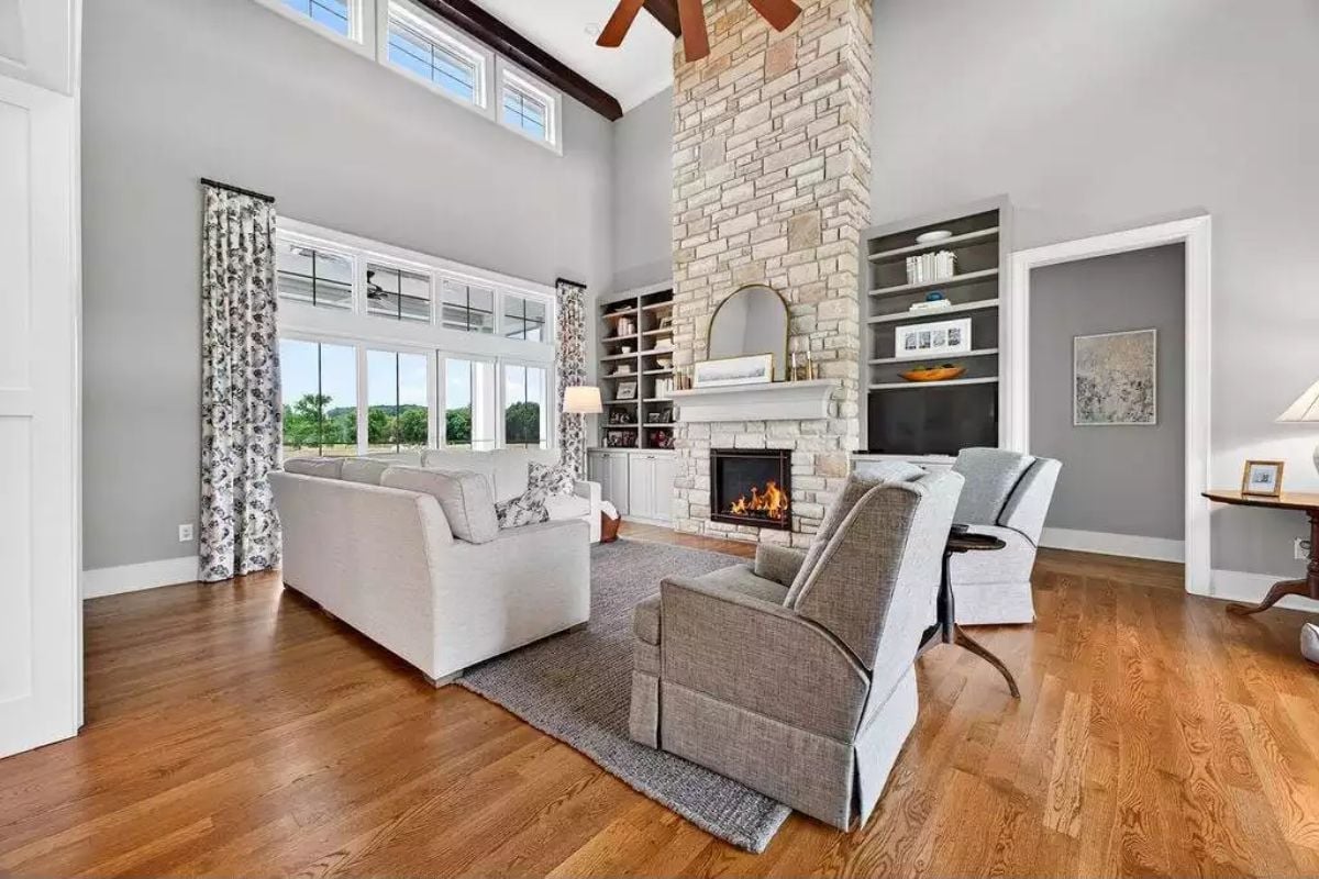 Floor-to-Ceiling Stone Fireplace That Earns Every Inch of Vertical Space