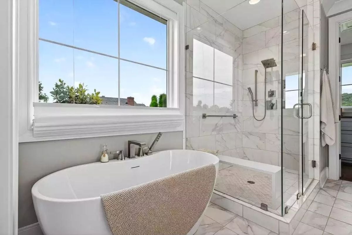 Freestanding Tub by the Window, Walk-In Shower Built Like It Means Business
