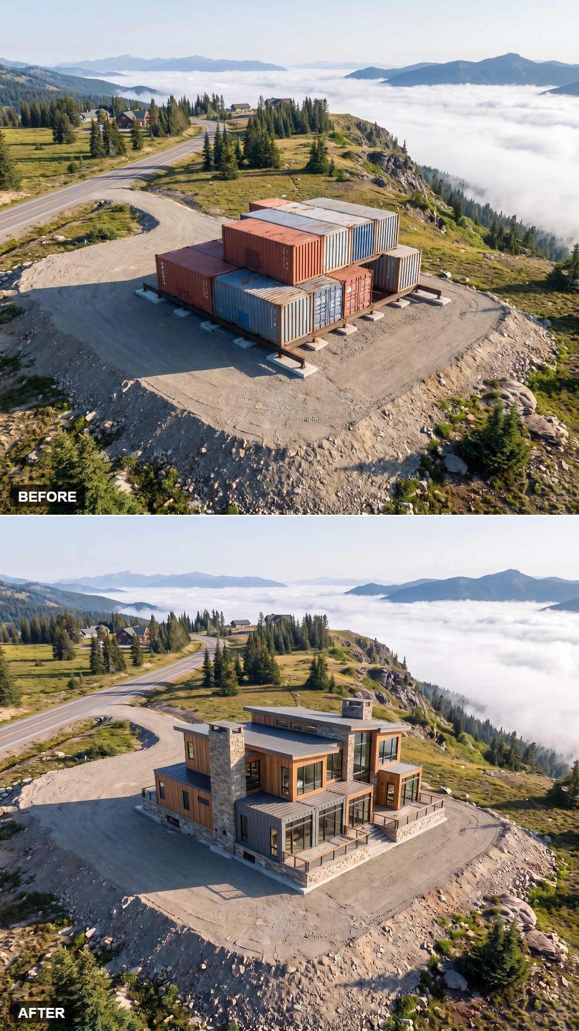 Container mountain house concept organized around a tall central stone wall
