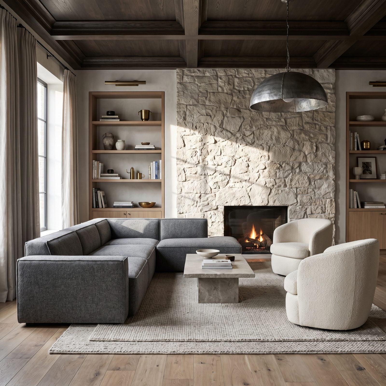 Stone-Walled Living Room with Precise Modern Upholstery