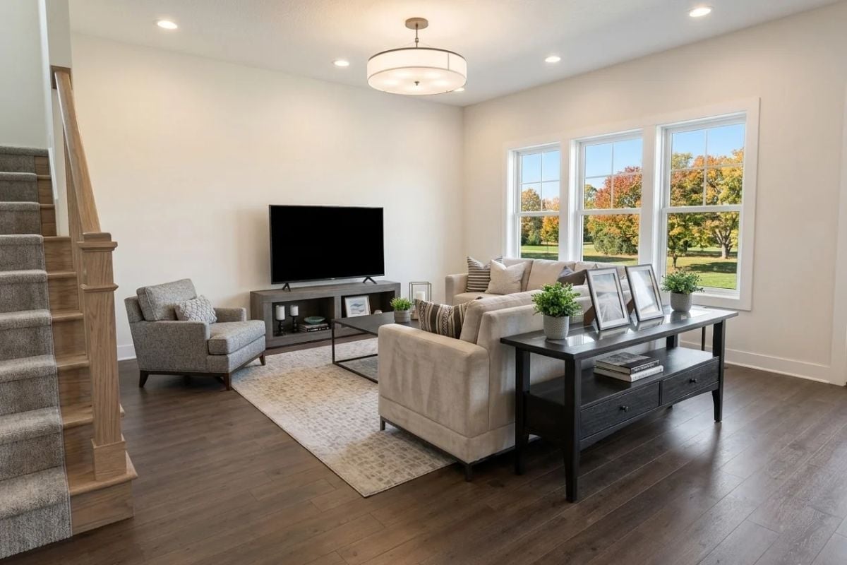 Dark Coffee Table, Cream Sofa, and Windows That Do Half the Decorating