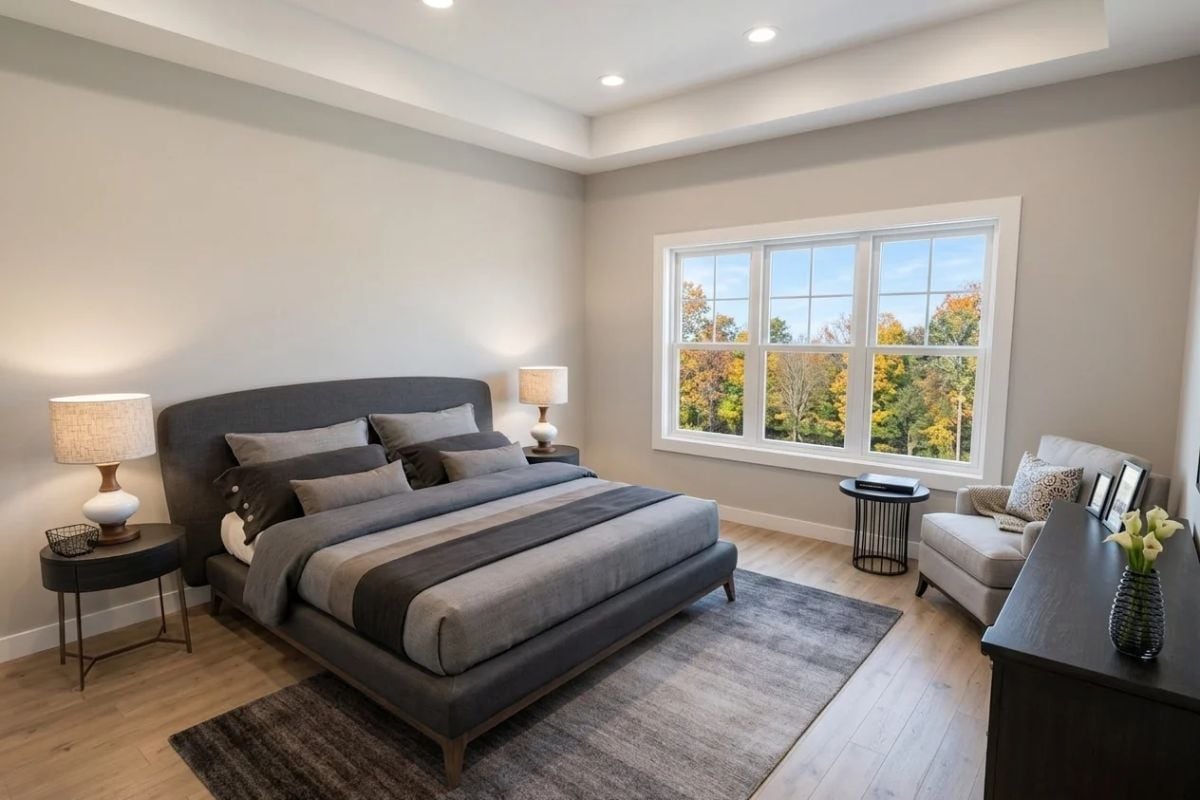 Gray Upholstered Bed, Tray Ceiling, and Fall Trees Doing the Art Work
