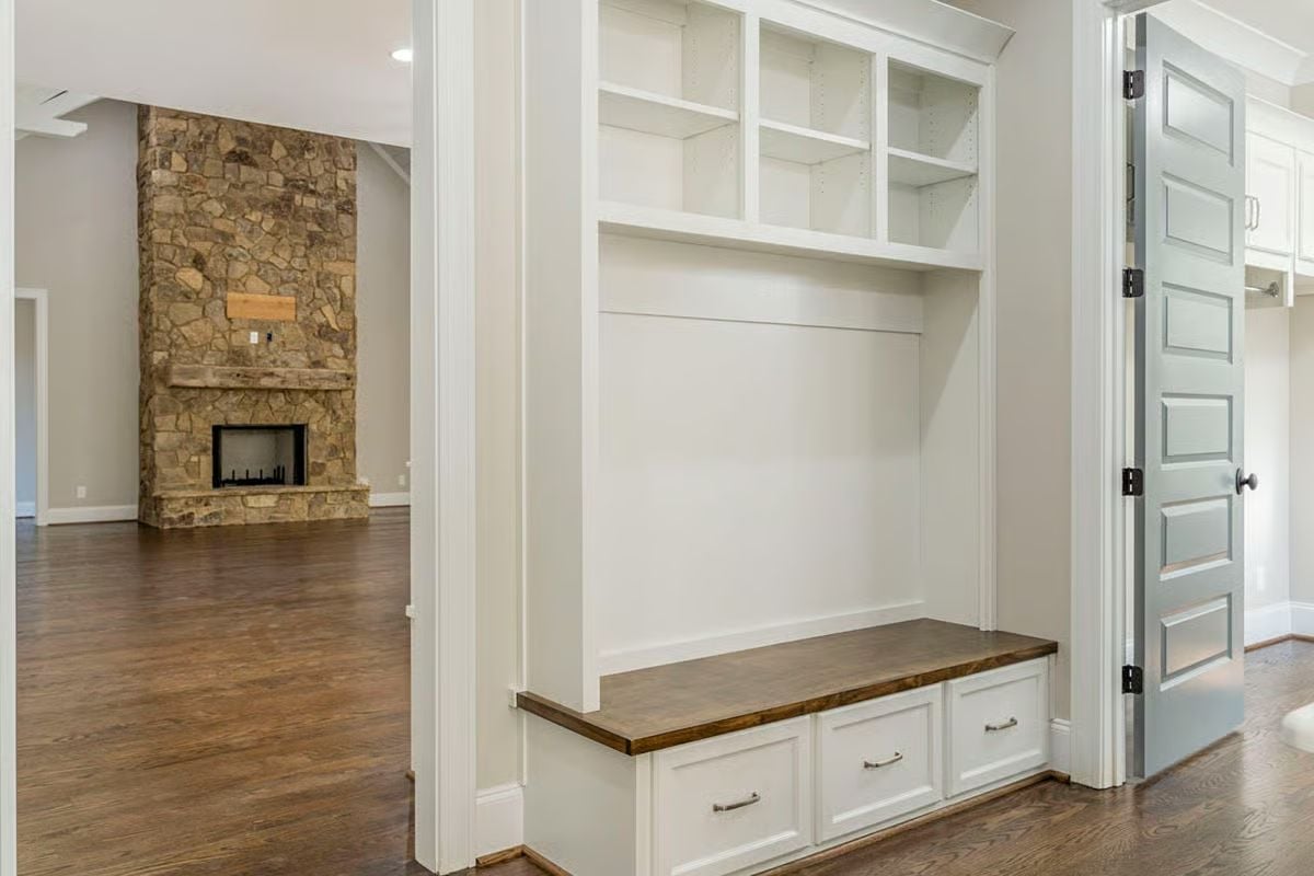 Built-In Bench with Drawers Below and Open Shelving Above
