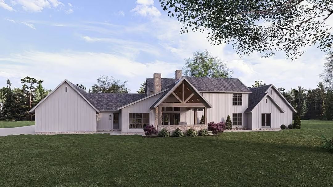 Exposed Timber Trusses and Board-and-Batten Siding Built for Front Porch Living