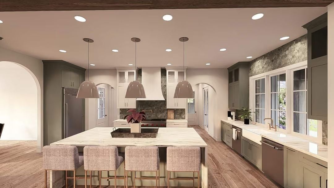 Sage Cabinets, Marble Island, and Pendant Lights That Actually Earn Their Keep