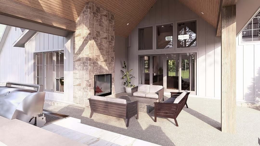 Stone Fireplace Tower, Wood Ceiling, Outdoor Seating Built to Stay a While