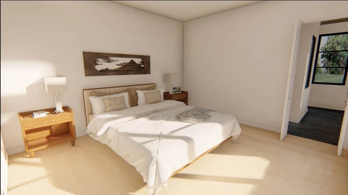 Warm Wood Floors and a Headboard That Knows When to Stop