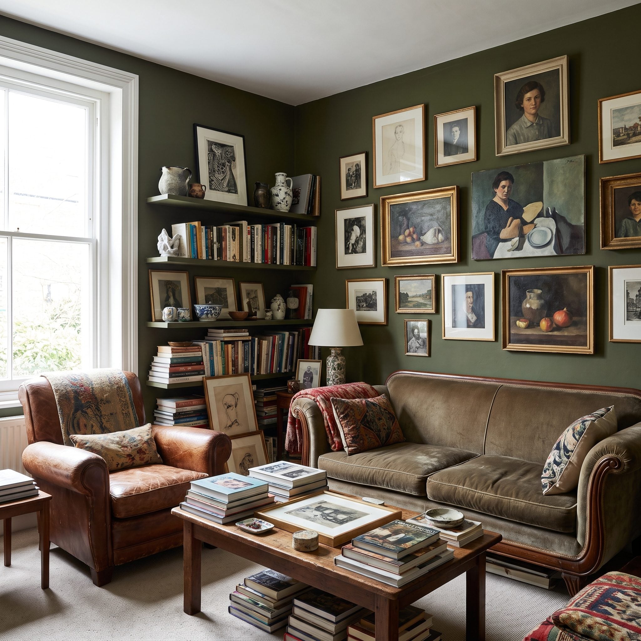 Small charcoal living room with a camel leather sofa, warm lamps, and a single window