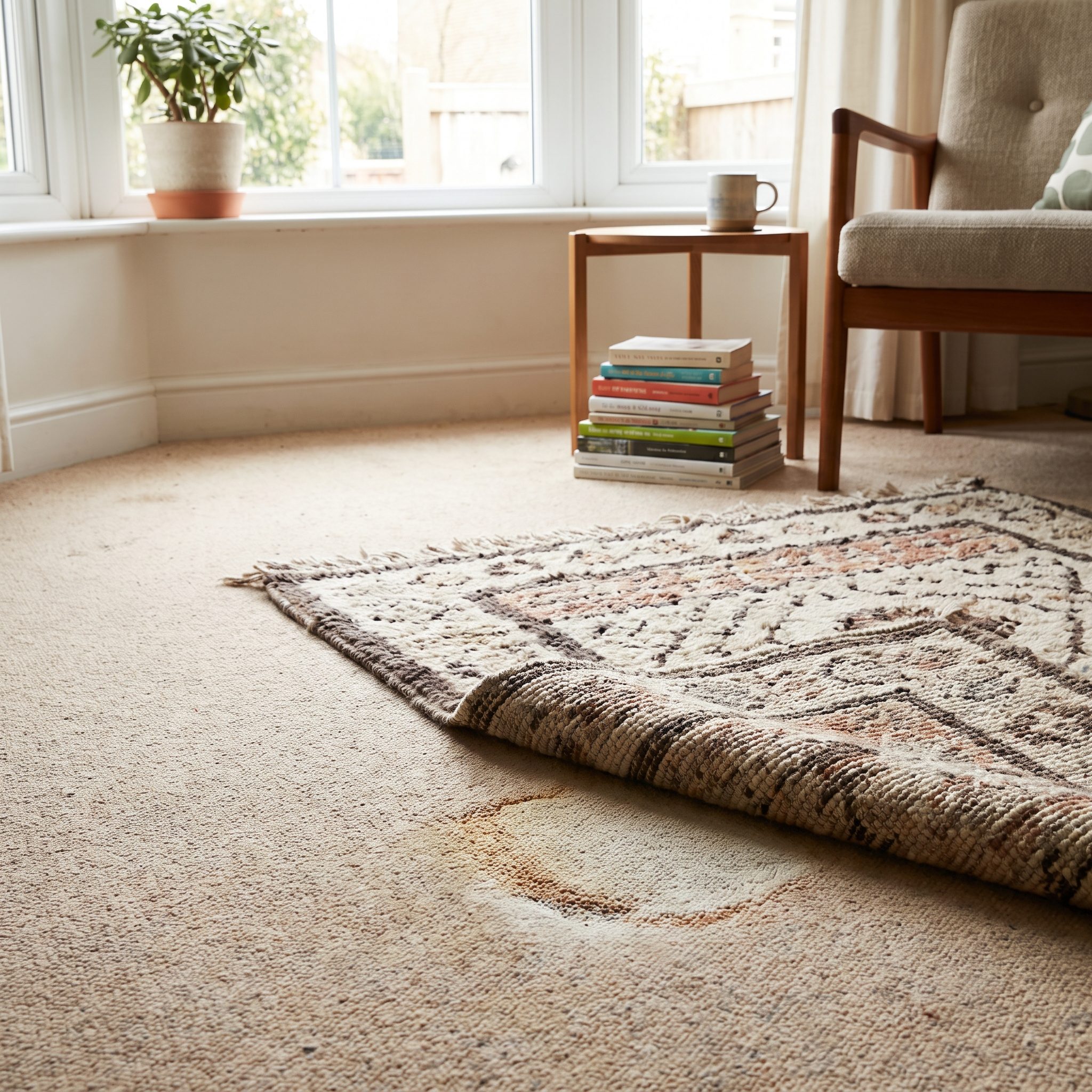 Living room with an eight-by-ten jute rug placed over stained beige wall-to-wall carpet in front of a sofa