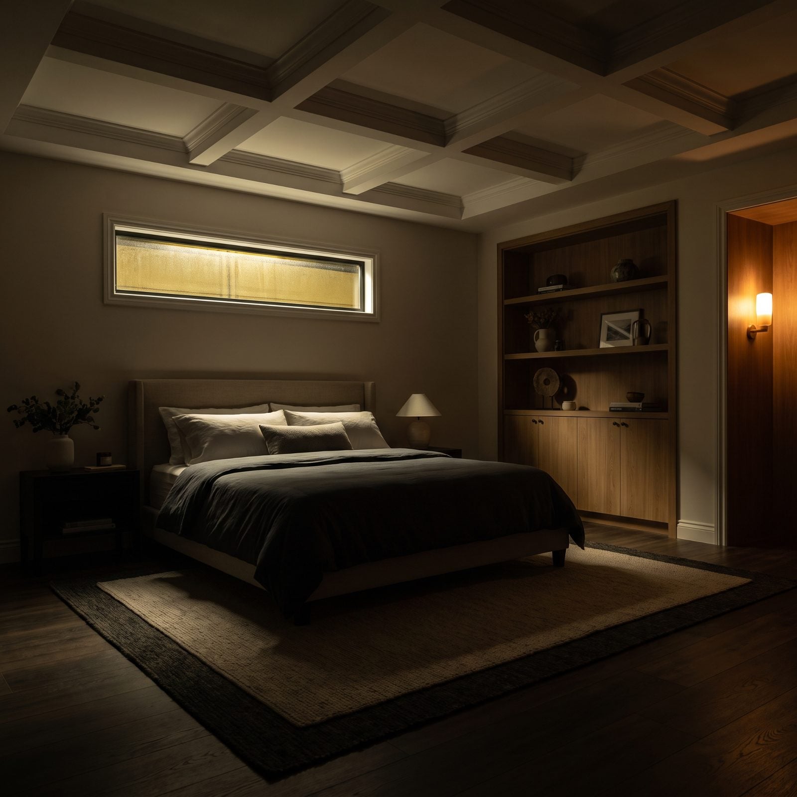 Dusk bedroom where a low headboard leaves a gap of window above it, letting streetlight glow into the room.