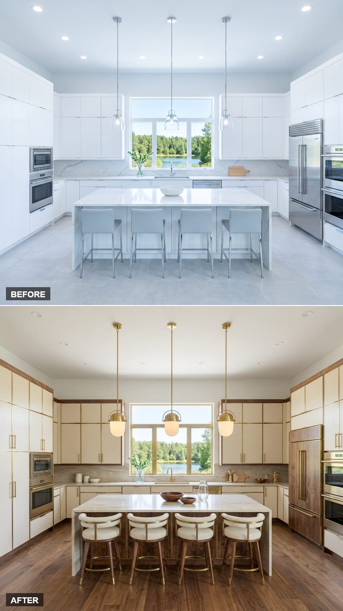 Subtle Art Deco Cream and Walnut With Linear Brass Inlays and Opaline-Style Pendants