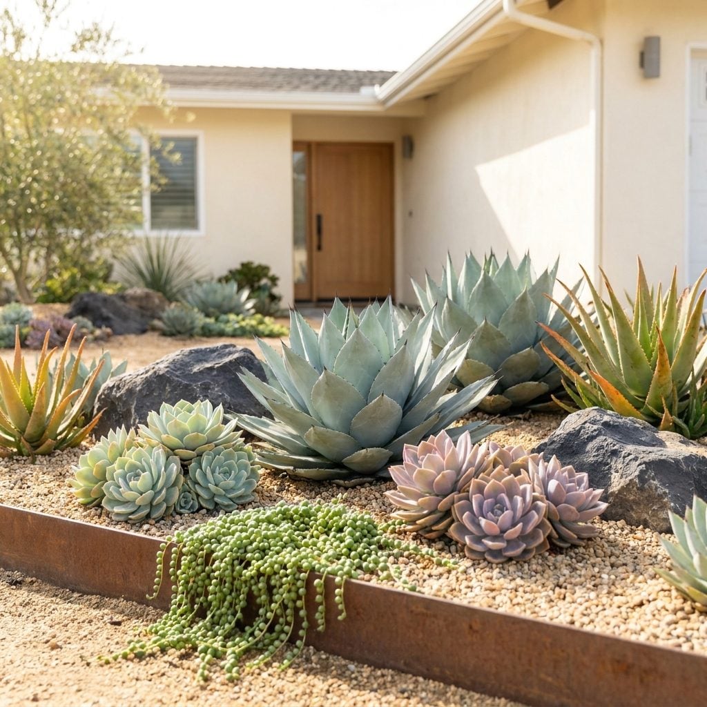 A Succulent-Studded Front Bed That Ignores Your Hose