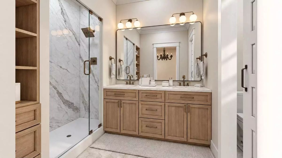 Marble Shower Walls and Wood Vanity That Actually Belong Together