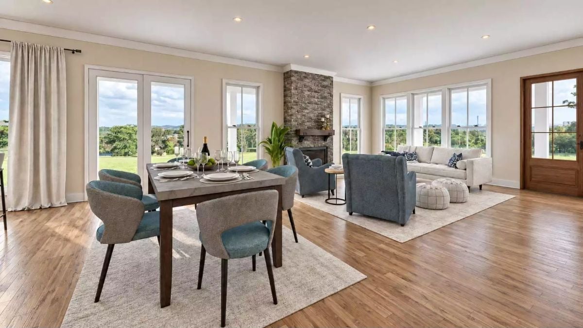 Open-Plan Living Where the Stone Fireplace Earns Its Keep