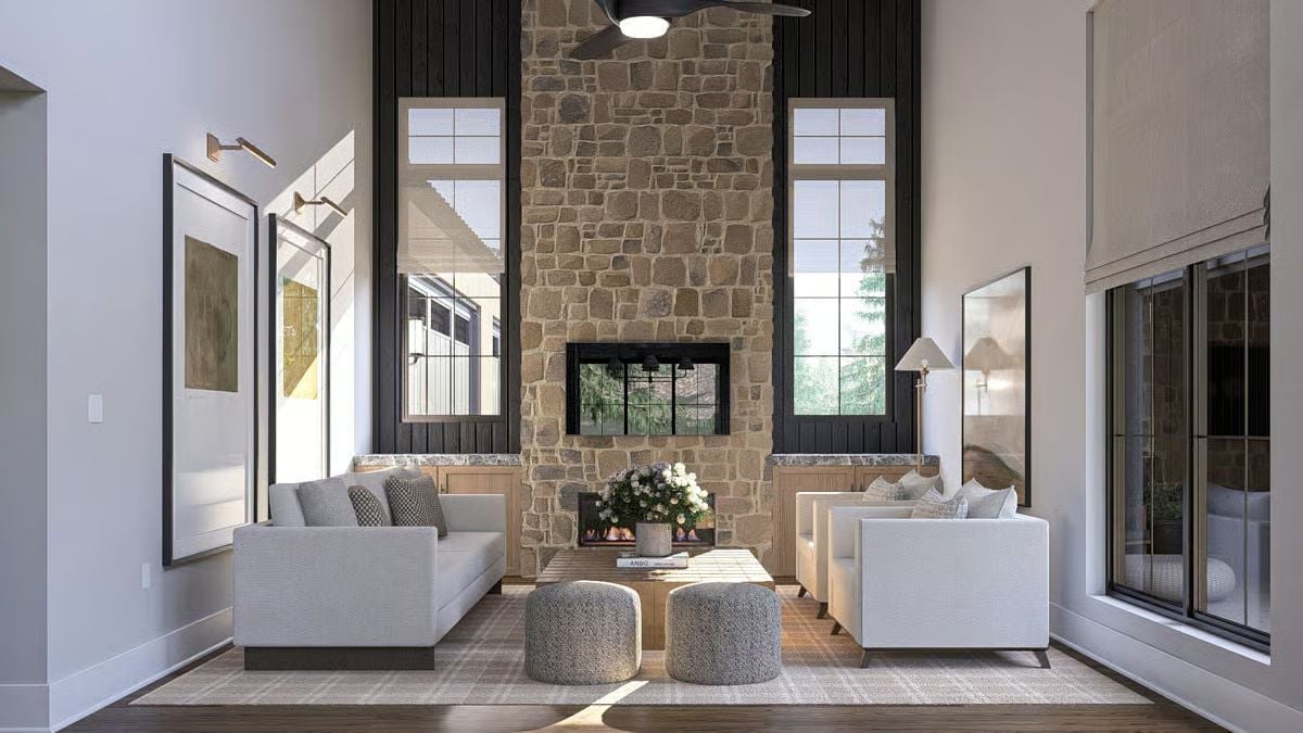 Floor-to-Ceiling Stone Makes the Fireplace the Undisputed Center of This Great Room