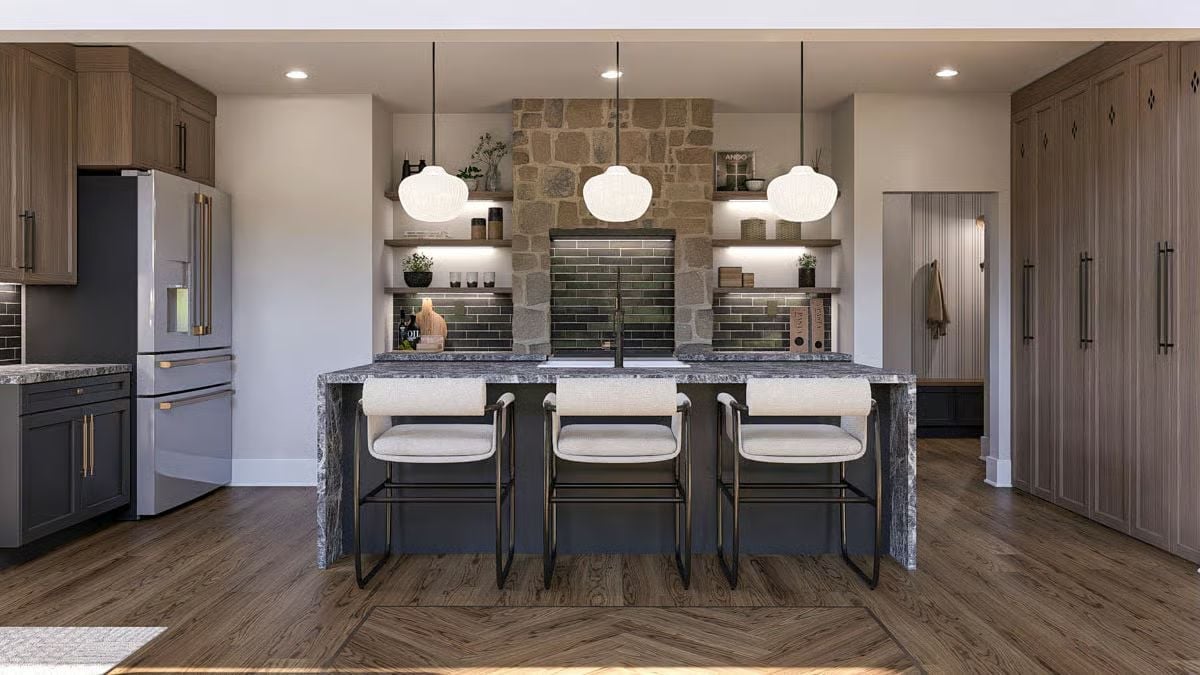 Green Subway Tile and a Stone Hood Make This Kitchen Worth the Splurge
