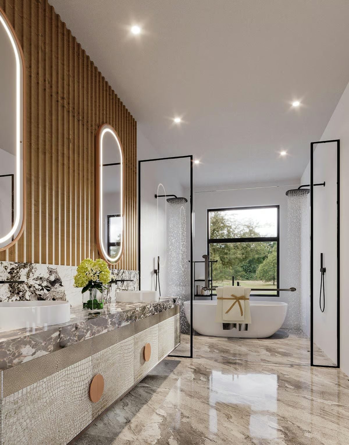 Oval Mirrors, Slatted Wood, and a Vanity Cabinet That Earns a Second Look