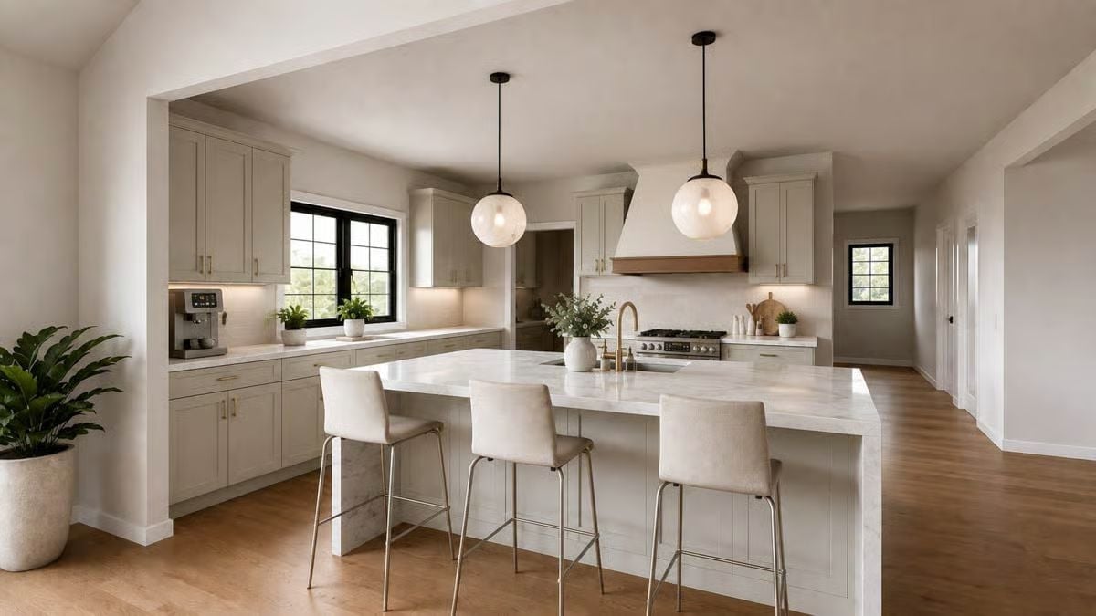 Globe Pendants Over Marble That Earn Every Square Inch of Counter Space