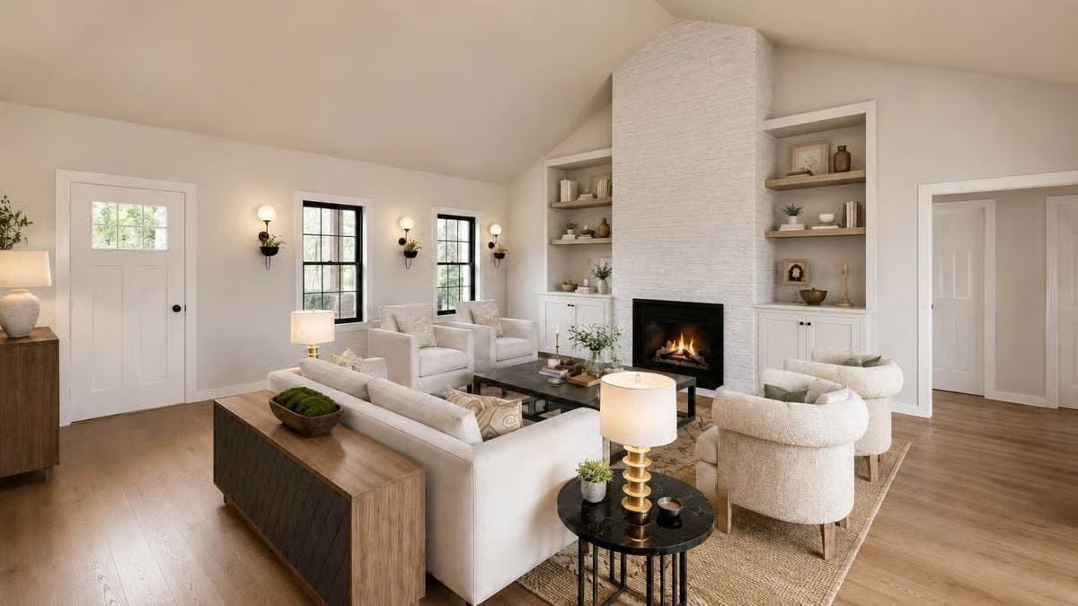 Vaulted Ceilings and a Floor-to-Ceiling Fireplace That Pull All the Weight