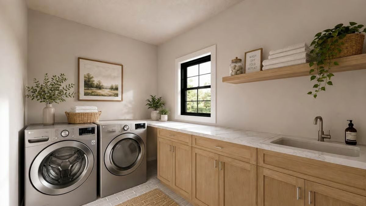 Warm Wood Cabinets and a Marble Counter That Make Laundry Day Less Miserable