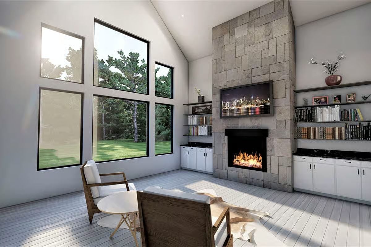 Vaulted Stone Fireplace Wall With Built-Ins That Actually Hold Books