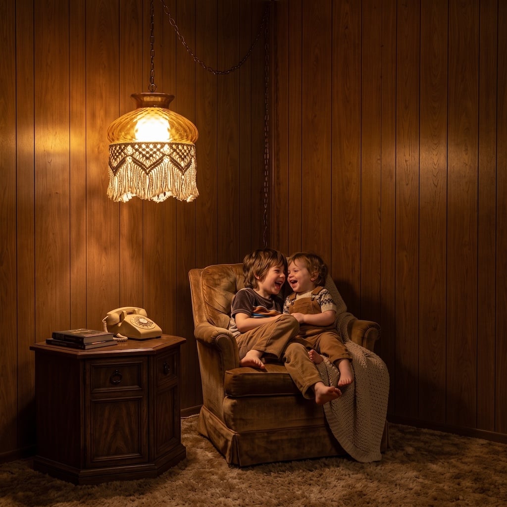 boys in 1970s living room laughing