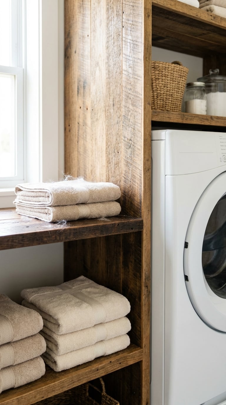 Laundry room with open oak shelves beside the dryer collecting lint dust on the bottles and shelf edges.