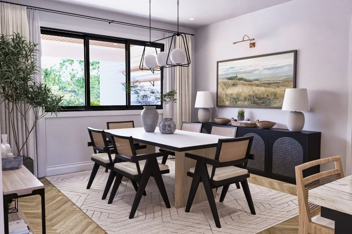 Rattan Chairs and a Dark Sideboard That Actually Anchor the Room