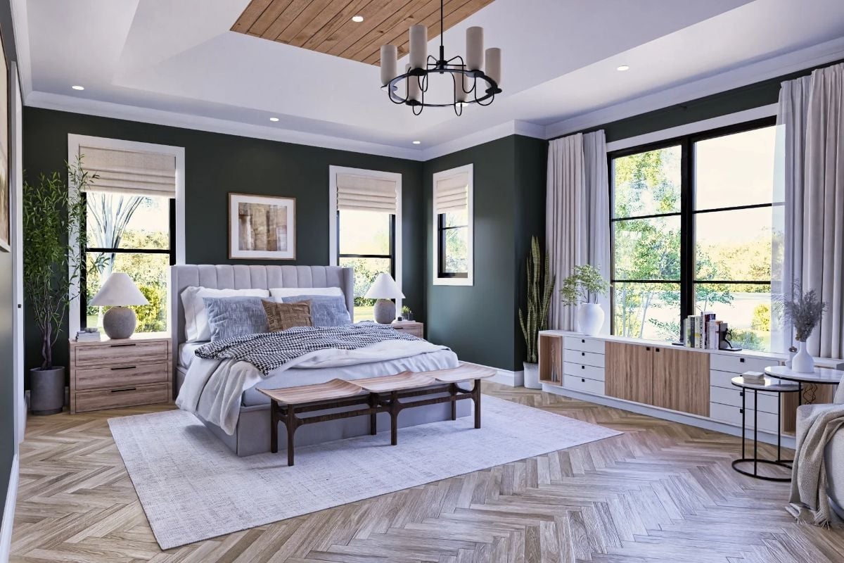 Deep Green Walls and a Tray Ceiling That Make the Room Feel Intentional