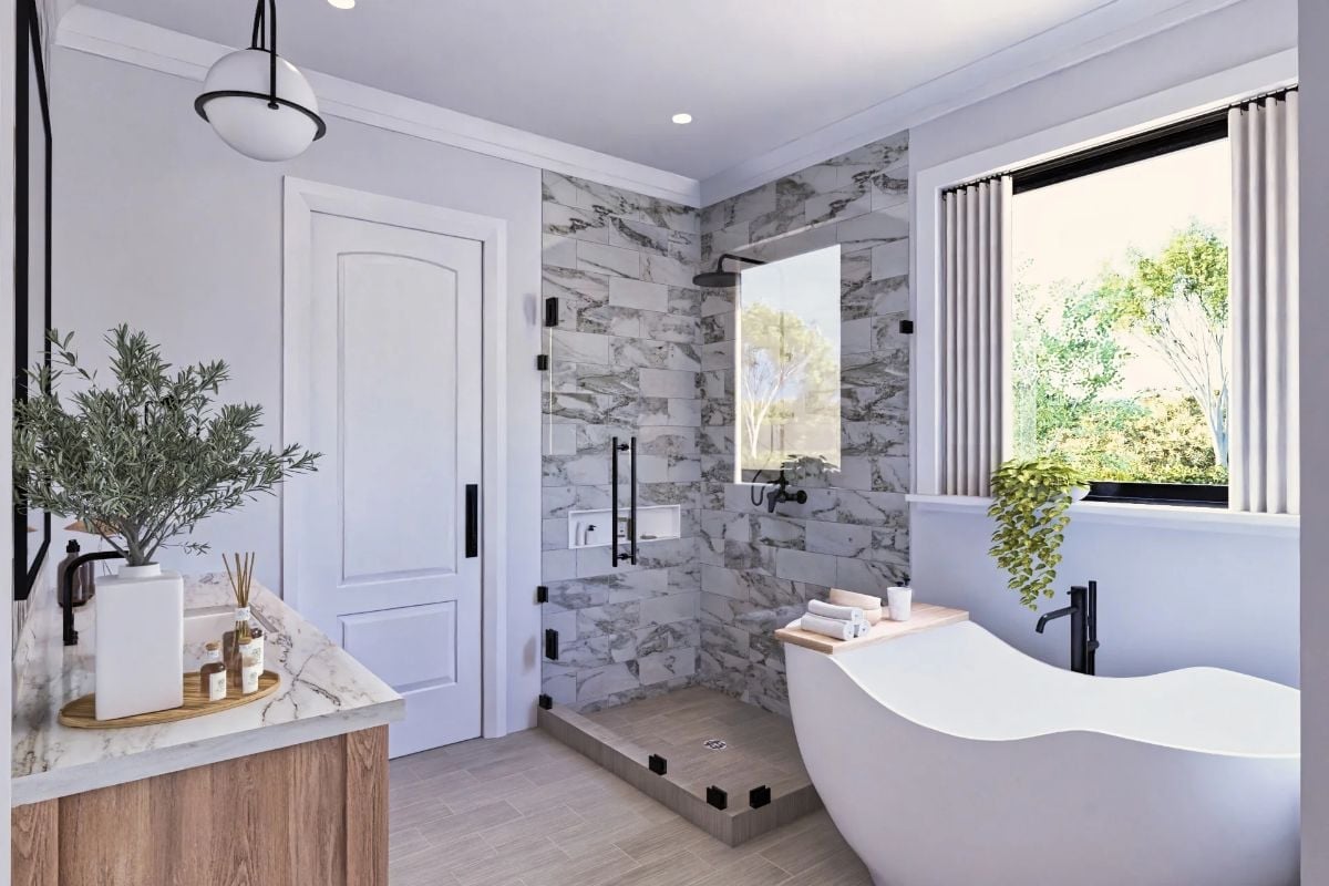 Marble Tile Shower and a Freestanding Tub That Both Deserve the Spotlight
