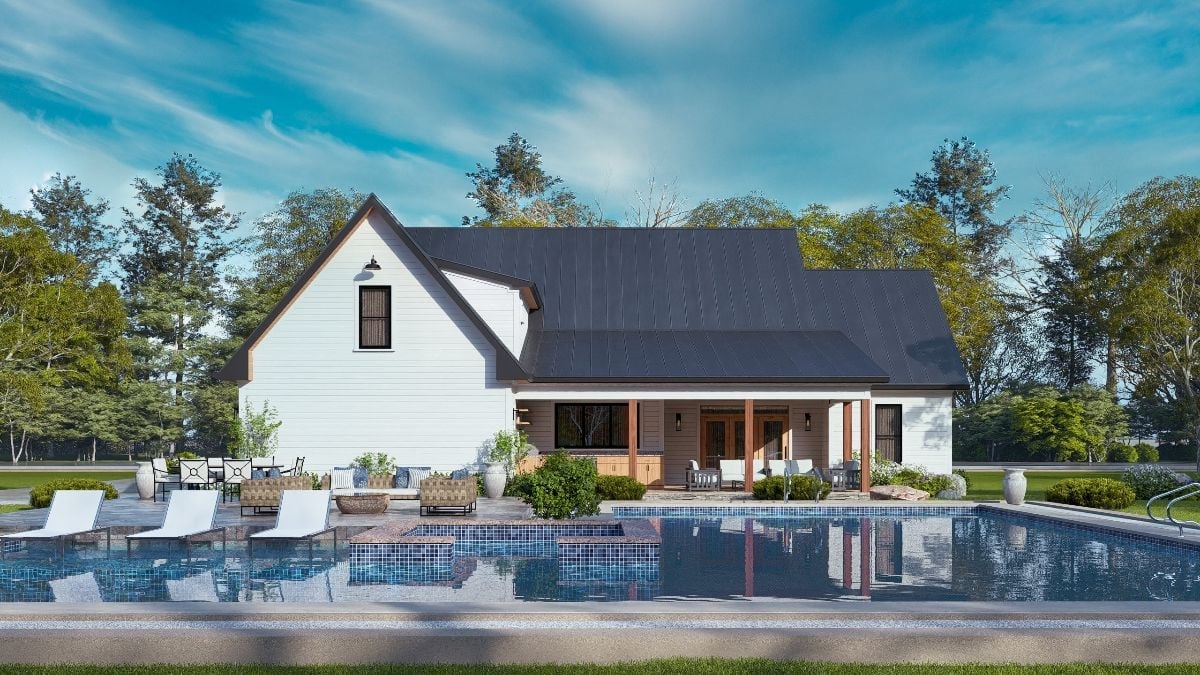 Poolside Covered Porch Backs Up to a Modern Farmhouse Worth Envying