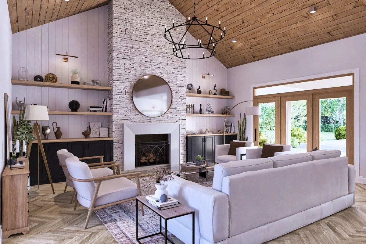 Stacked Stone Fireplace Earns Every Inch of Its Floor-to-Ceiling Height