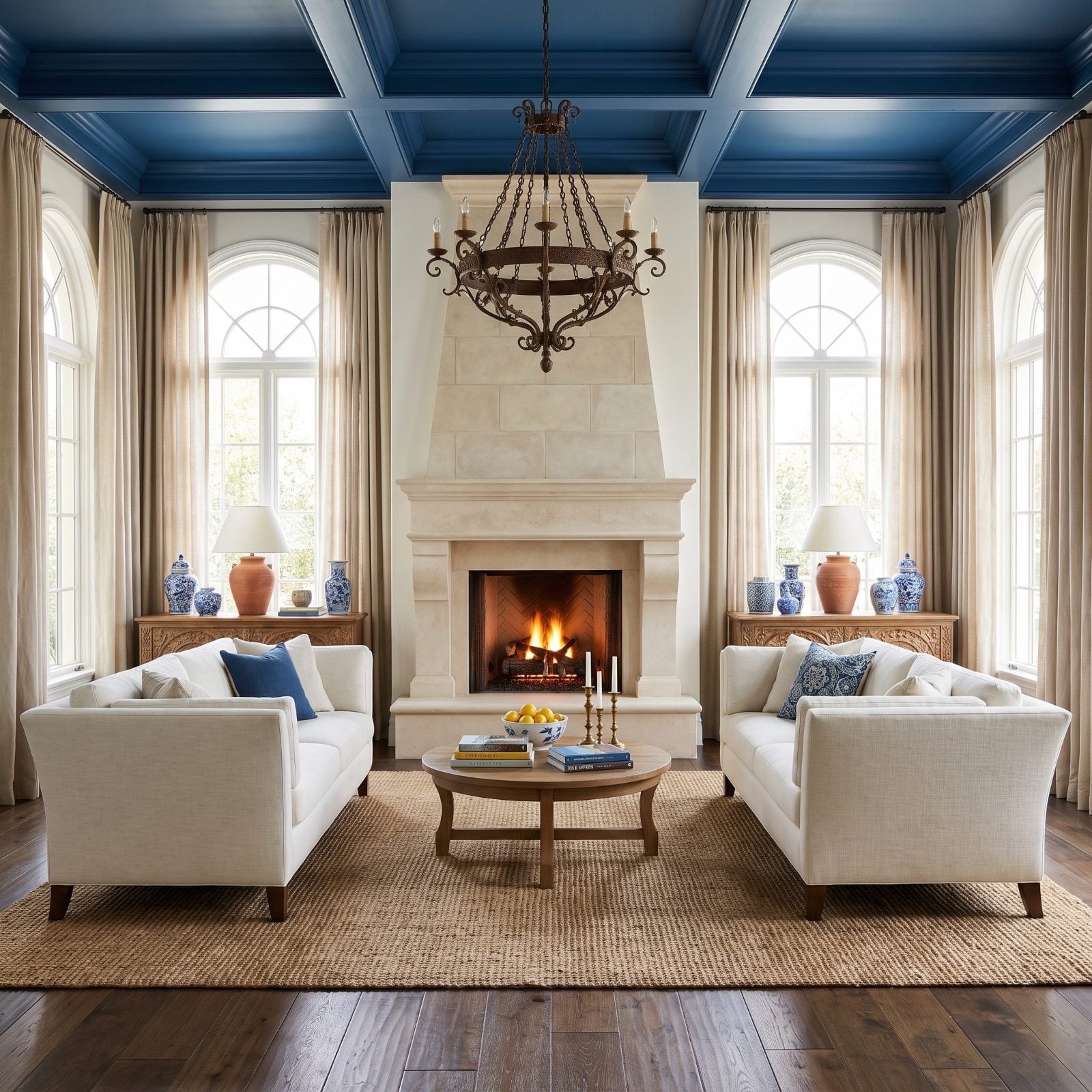 Tailored Linen Sofas Around a Carved Limestone Fireplace
