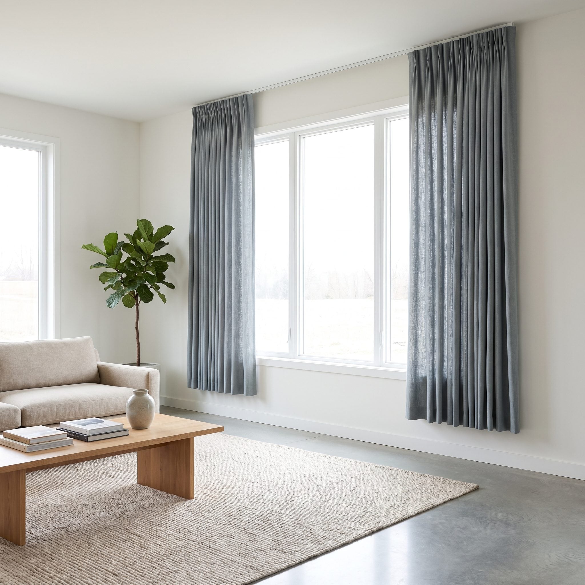 Kitchen nook with lined cream linen curtains hemmed about three inches below the windowsill at apron length on a brass rod.