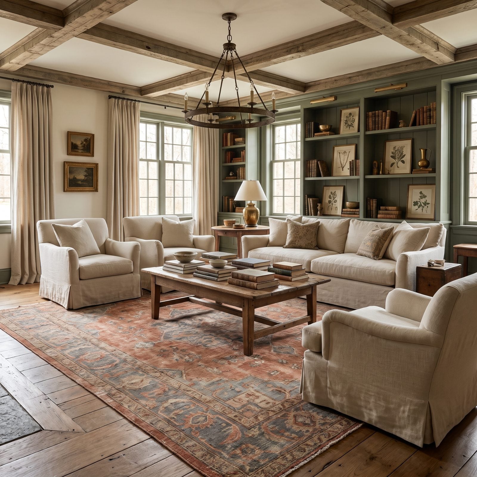 Tailored Slipcovered Seating on a Faded Oushak Rug
