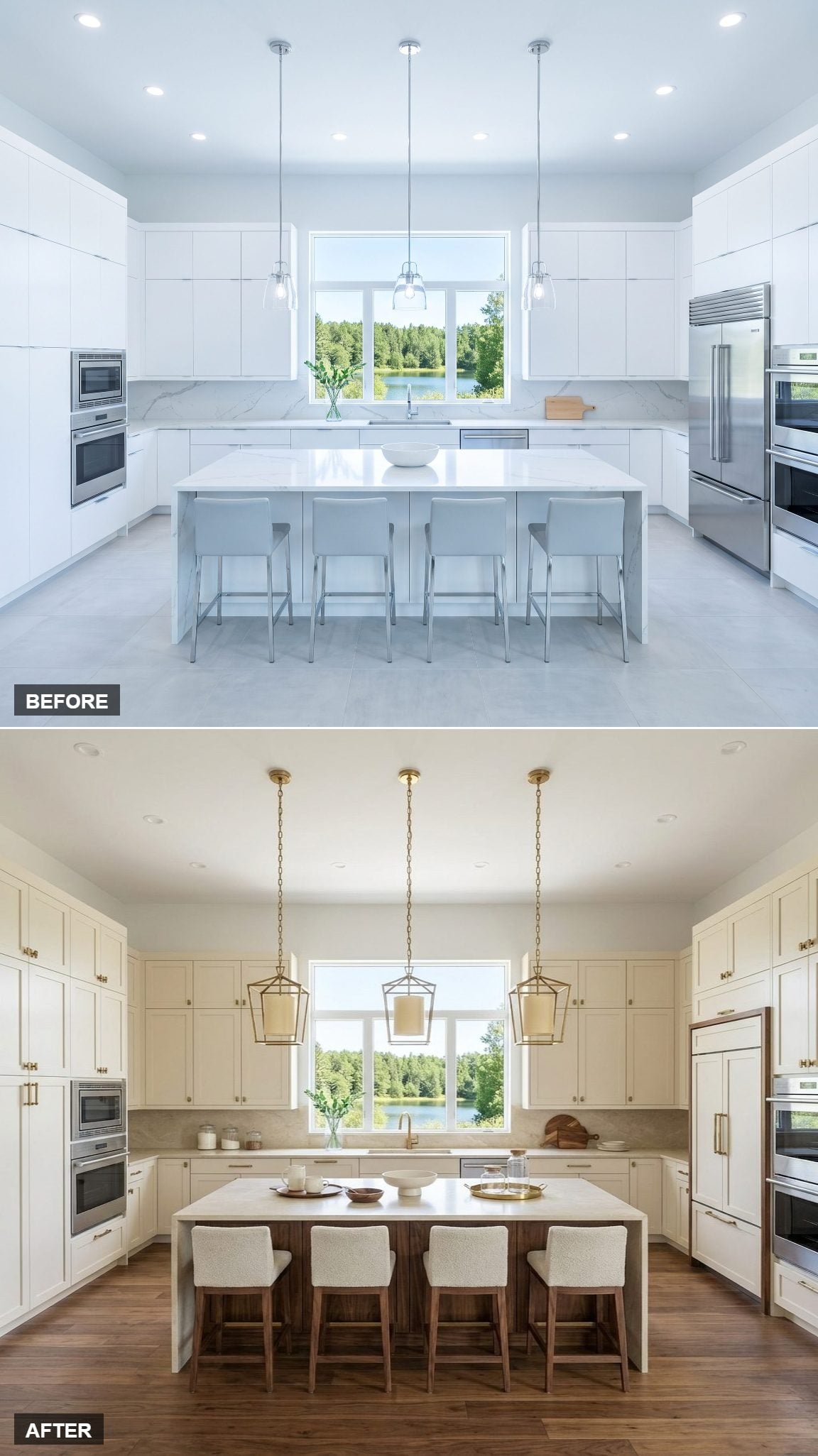 Tailored Transitional Luxury: Inset Cream Cabinetry and a Furniture-Quality Walnut Island